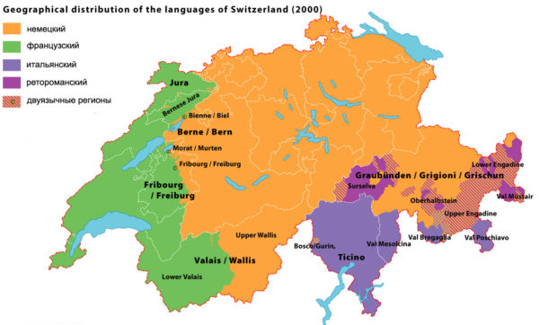 Карта распределения населения по языковому принципу в Швейцарии