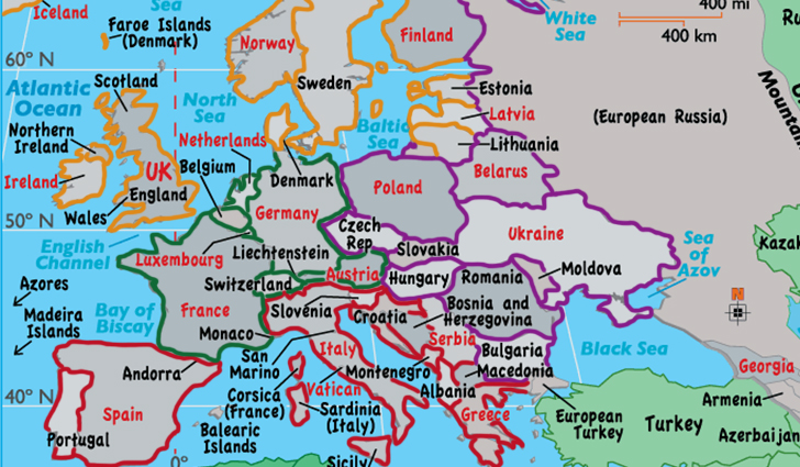 A map showing the regions of Europe, Northern Europe (orange), Western Europe (green), Southern Europe (red), and Eastern Europe (purple). 